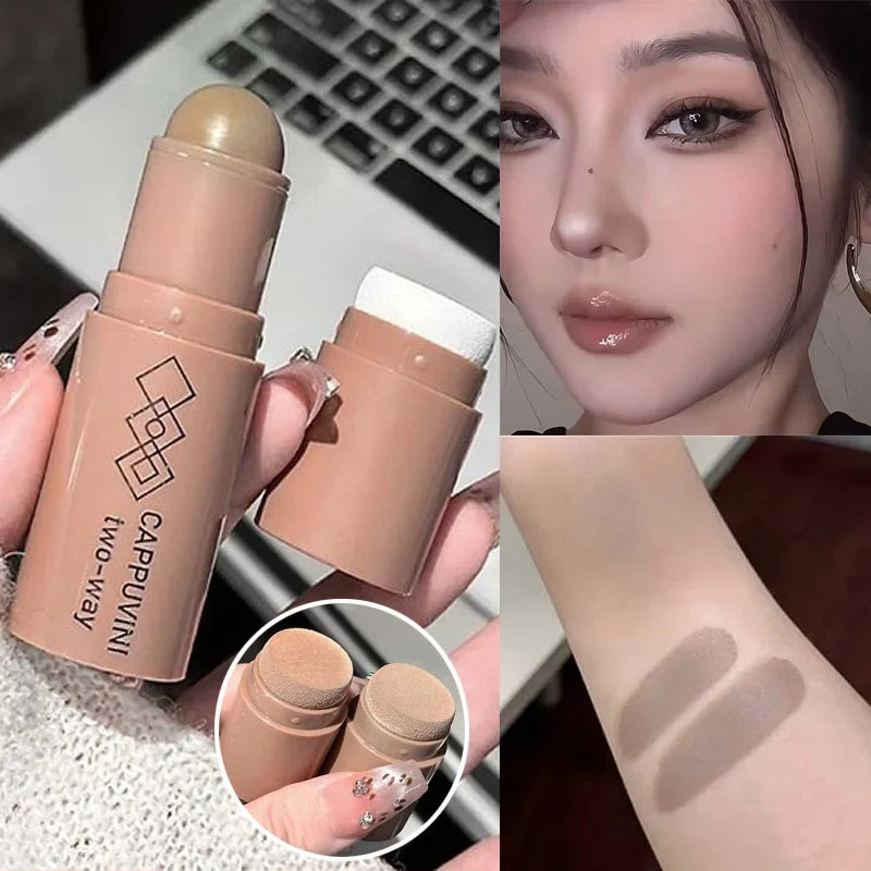 Blushimmer double-head face bronzer contour stick with brush, showing light and dark shades for contouring and facial brightening.