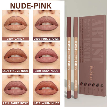 Set of 6 Blushimmer Face Secret Lip Liner Pencils in brown mixed colors, ultra-fine, smooth, waterproof, matte velvet finish.