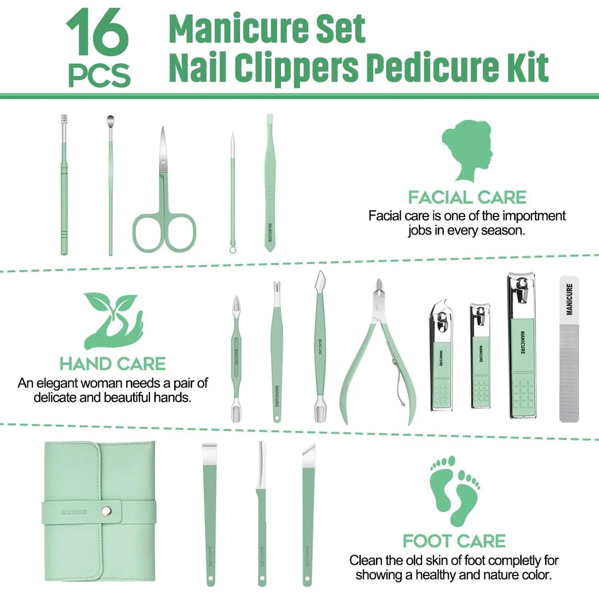 Blushimmer professional 16-piece stainless steel manicure set with case, including nail, cuticle, and callus tools for grooming.