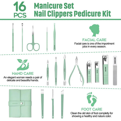 Blushimmer professional 16-piece stainless steel manicure set with case, including nail, cuticle, and callus tools for grooming.
