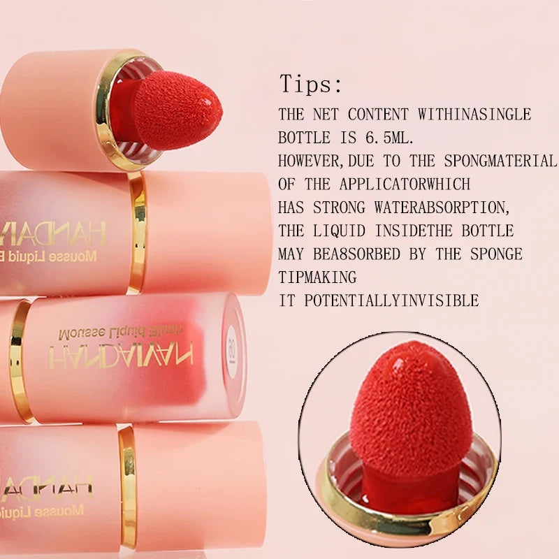 Blushimmer 6-color matte liquid blush with sponge applicator, long-lasting, waterproof, easy to apply, in vibrant shades.