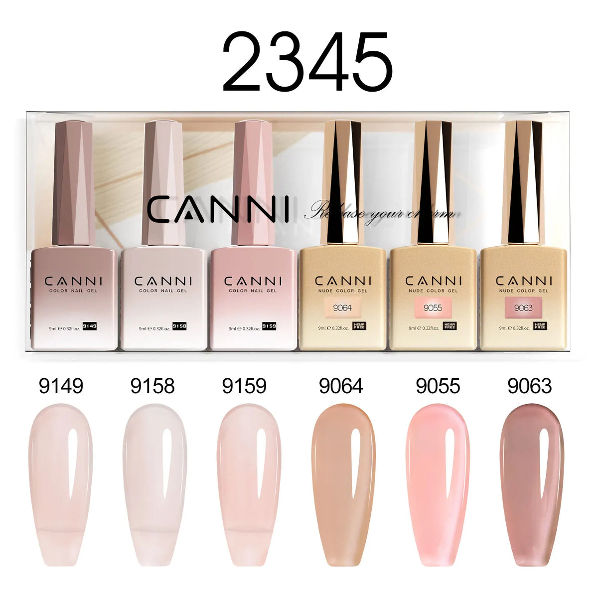 Blushimmer CANNI Nail Gel Polish Kit with 6 pastel gel colors, HEMA free, perfect for French and natural nail designs.