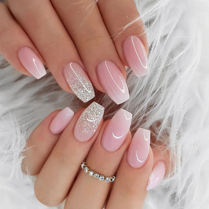 Set of 24 Blushimmer square head fake nails with pink-white gradient French press design and jelly glue, short full cover false nail tips.