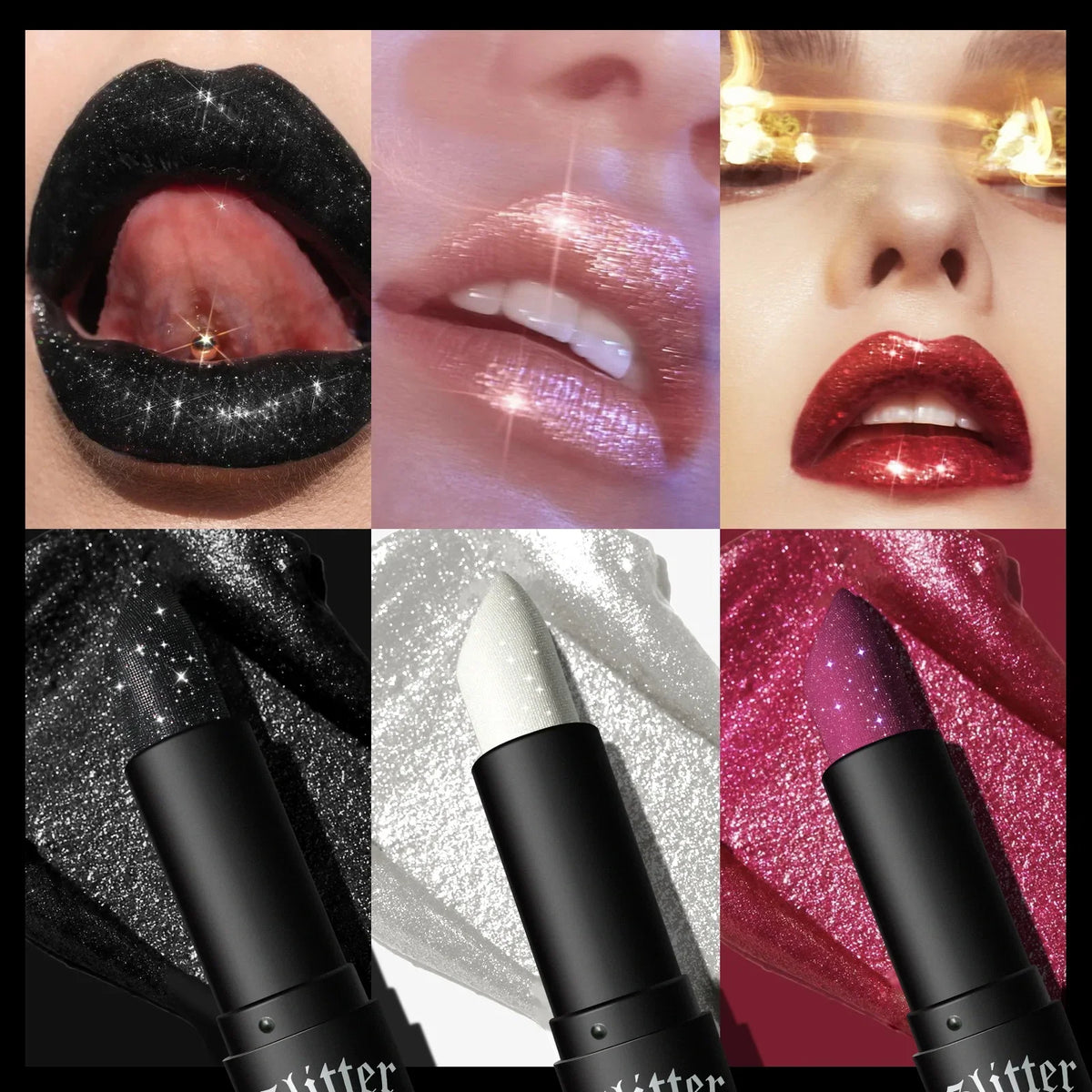 Blushimmer glitter lipstick in black with diamond pearlescent finish, waterproof, long-lasting metallic lip gloss for women.