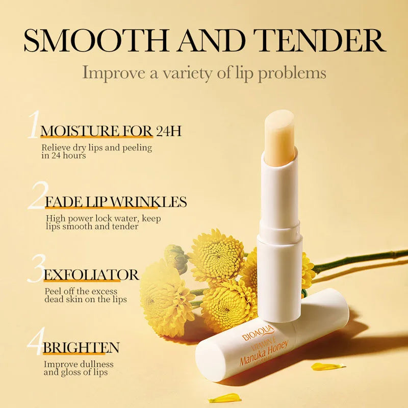 Blushimmer Vitamin E honey lip balm in a sleek tube, moisturizing and nourishing lips with a smooth, long-lasting formula.