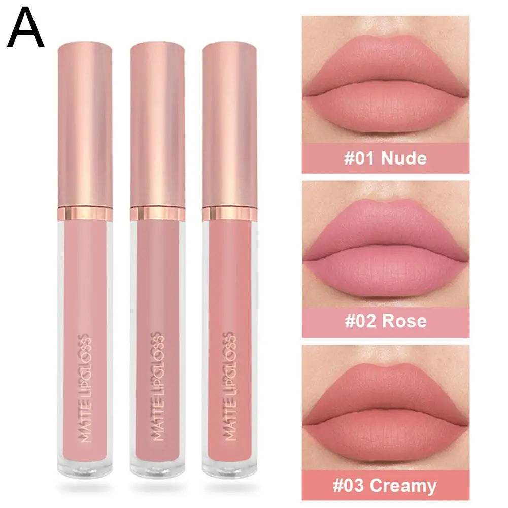 Set of three nude matte velvet liquid lipsticks by Blushimmer, waterproof, long-lasting, non-stick lip glosses for women.