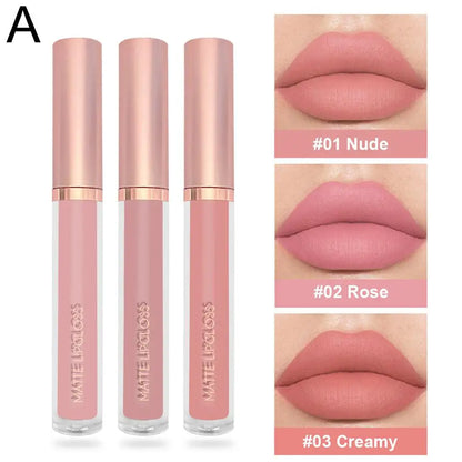 Set of three nude matte velvet liquid lipsticks by Blushimmer, waterproof, long-lasting, non-stick lip glosses for women.