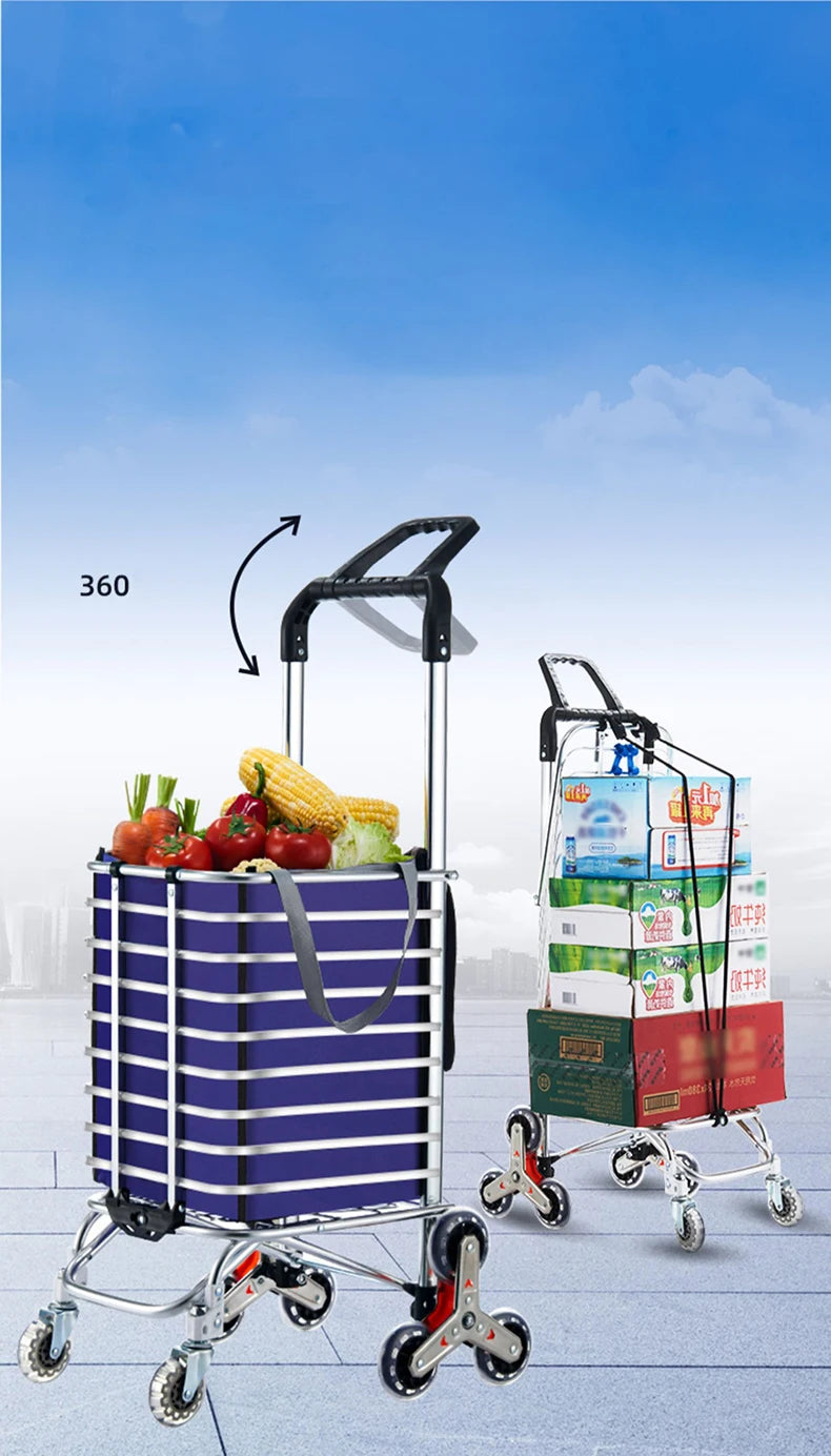 Grocery Cart Portable Aluminum Alloy Shopping Folding Trolley Big Capacity Lightweight Step Climbing Folded Trolley