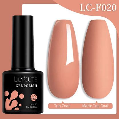 Colorful LILYCUTE 7ml gel nail polish bottles in a variety of shades, showcasing long-lasting semi-permanent UV gel nail art.