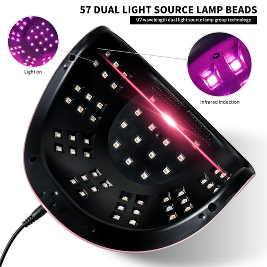 Blushimmer professional UV/LED nail lamp with 57 LEDs, LCD display, quick gel polish curing for acrylic and gel manicures.