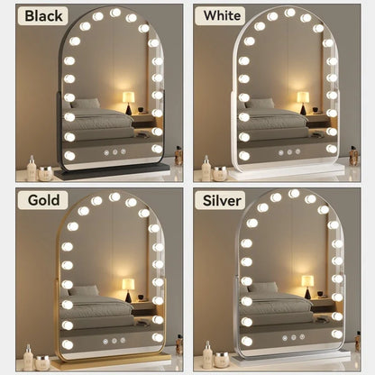 Large LED desktop makeup mirror with bulbs, rotatable and smart beauty mirror by Blushimmer, ideal for dressing table or vanity use.
