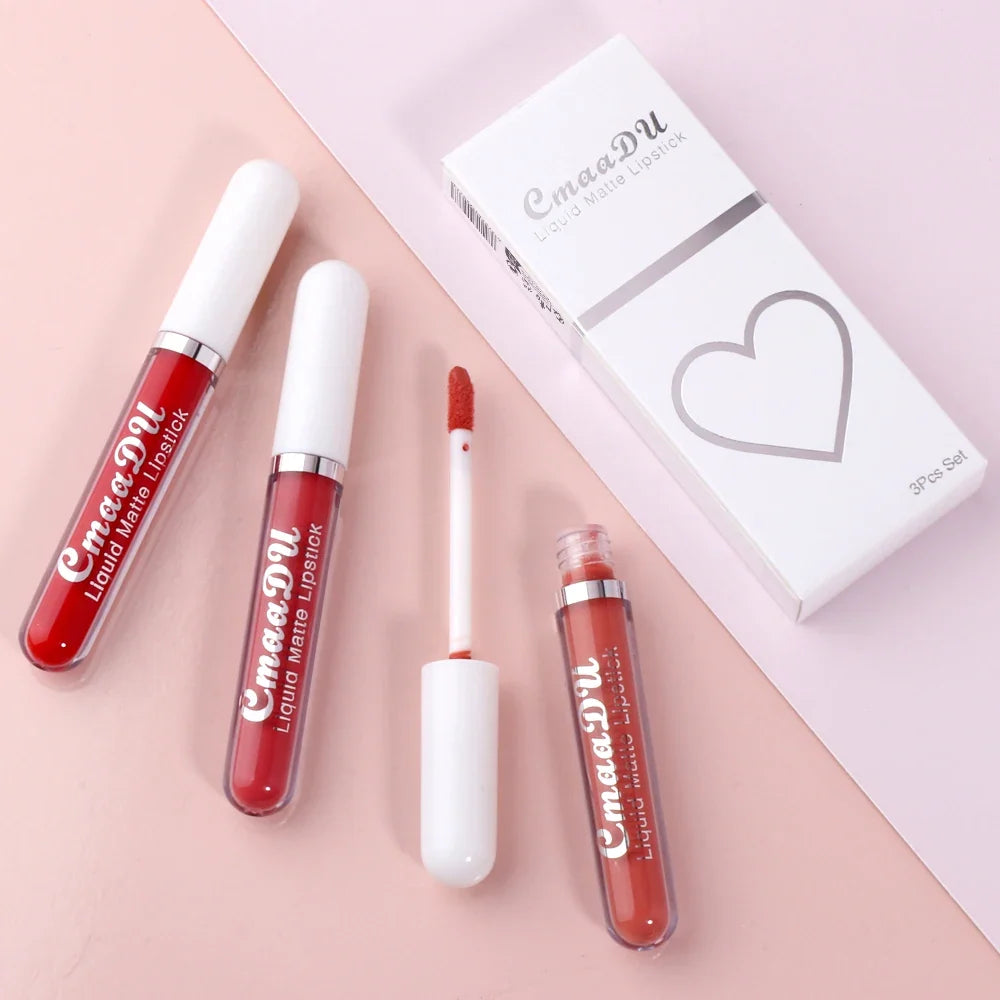 Blushimmer 3-pack matte lipstick and lip gloss set with long-lasting, waterproof, non-fading formulas, perfect for everyday or holiday use.