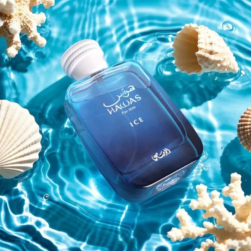 RASASI Hawas Ice men’s Eau de Parfum spray by Blushimmer, 100ML, with sleek bottle and aromatic design.