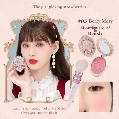 Blushimmer Flower Knows Strawberry Rococo Series embossed blush powder palette with berry pink shades and professional makeup finish.