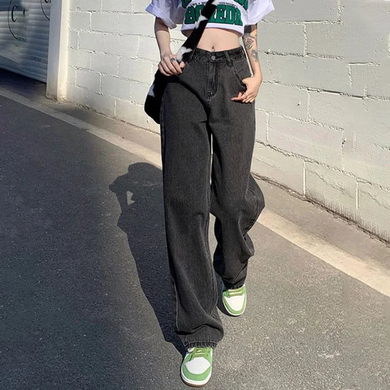 Lady Classic Daily High Waist Jeans Female Korean Solid Thin Pants Women Fashion Baggy Straight Leg Denim Trousers