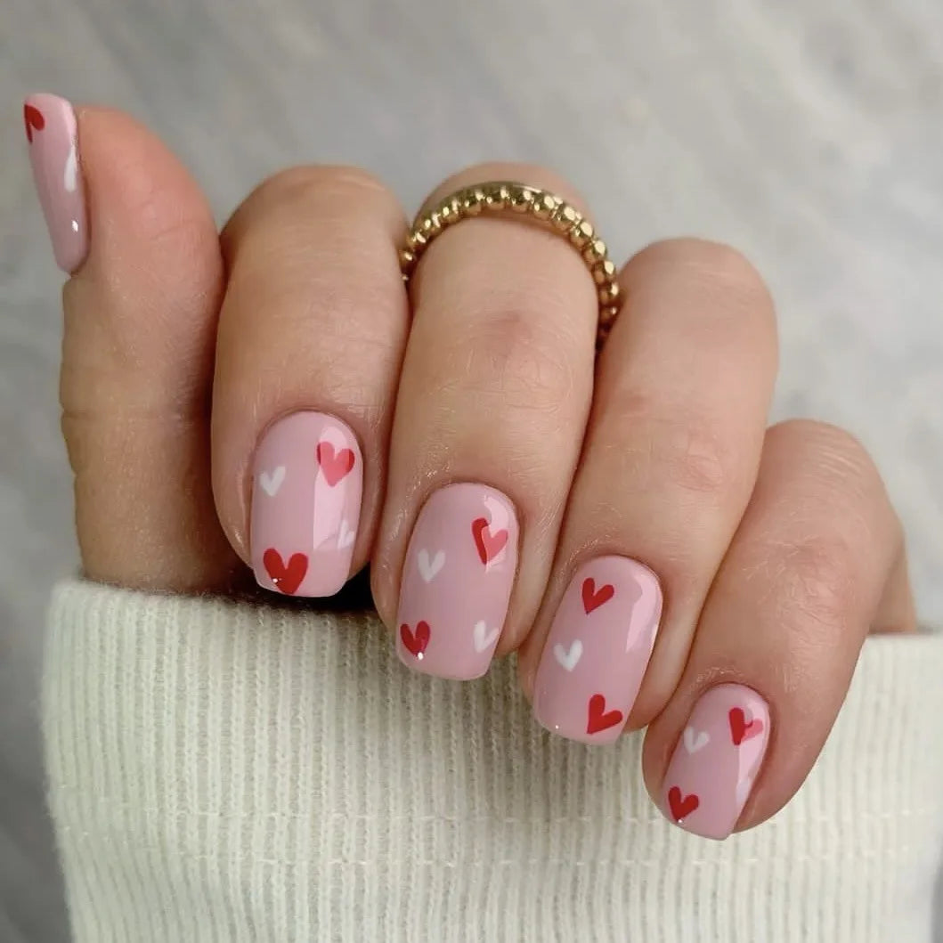 Set of 24 Blushimmer short square fake nails with halo dyed gradient hearts and colorful French design, European and American style.