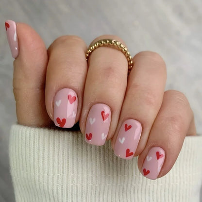 Set of 24 Blushimmer short square fake nails with halo dyed gradient hearts and colorful French design, European and American style.