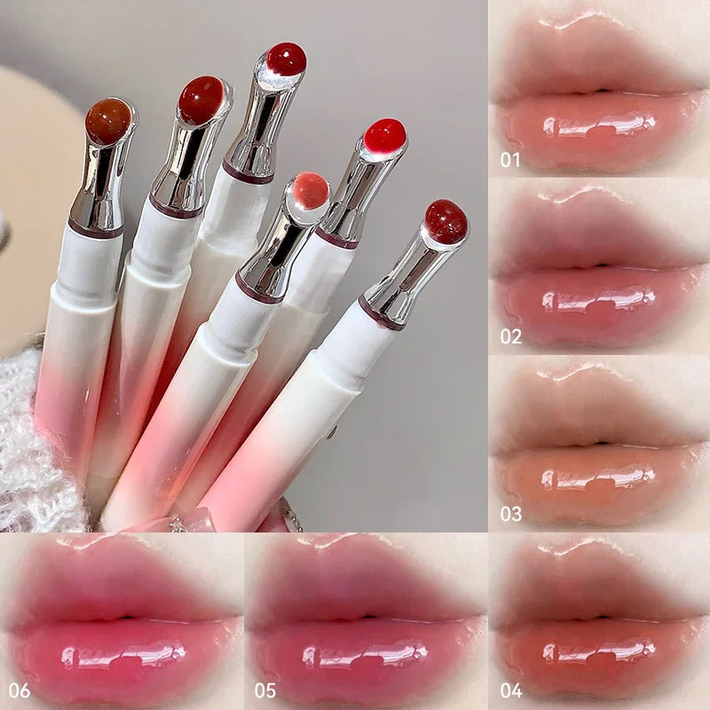 Kakashow Mirror Watery Lip Gloss by Blushimmer with moisturizing jelly texture, shown open with glossy, tinted lips.