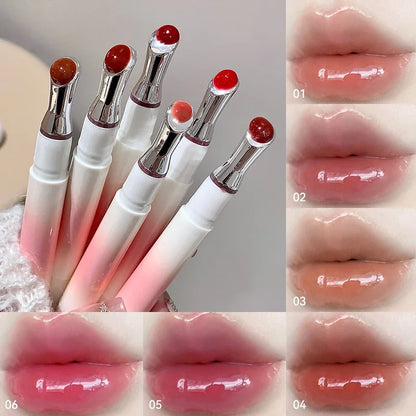 Kakashow Mirror Watery Lip Gloss by Blushimmer with moisturizing jelly texture, shown open with glossy, tinted lips.