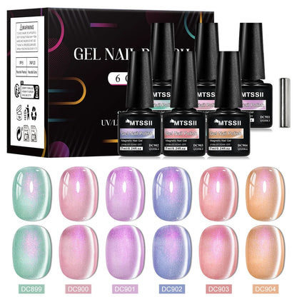 Shiny Blushimmer 7-piece cat magnetic gel nail polish set with pink and colorful semi-permanent UV gel varnishes and magnetic rods.
