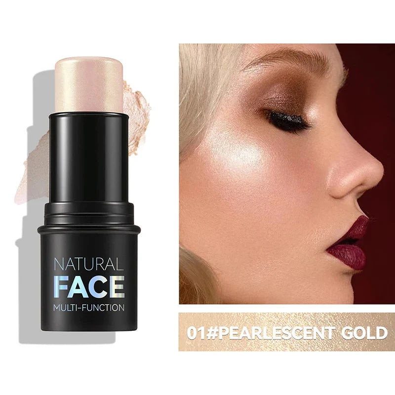 Blushimmer face pearl stone highlighter stick with contour and blush for glowing, sculpted skin and brightening makeup effect.