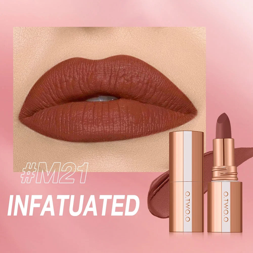 Blushimmer O.TWO.O matte lipstick lip tint in a sleek tube, showcasing vibrant, highly pigmented, waterproof, long-lasting velvet lip color.