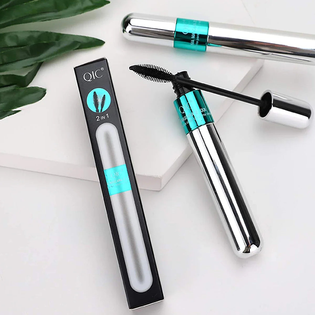 Blushimmer double in-one mascara with silk fibers, waterproof formula, enhances black eyelash extension, thickens and lengthens lashes.