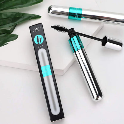 Blushimmer double in-one mascara with silk fibers, waterproof formula, enhances black eyelash extension, thickens and lengthens lashes.