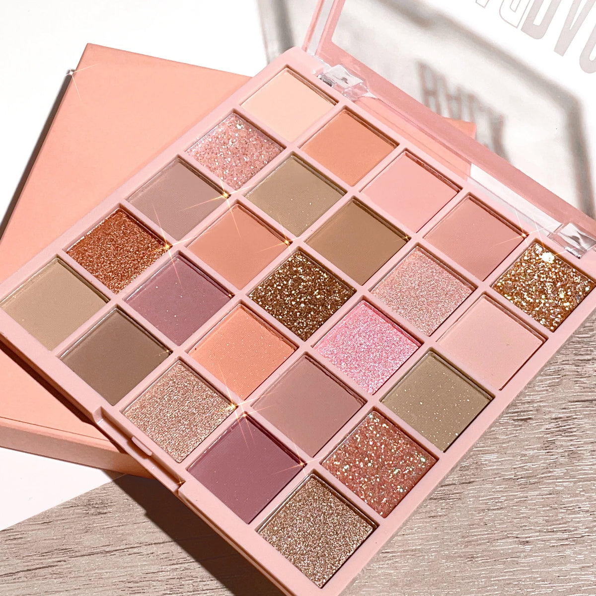 Blushimmer 25-color eye shadow tray with oatmeal milk tea shades, sparkling powder, pearl sequins, in gentle orange brown tones.
