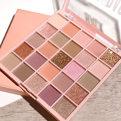 Blushimmer 25-color eye shadow tray with oatmeal milk tea shades, sparkling powder, pearl sequins, in gentle orange brown tones.