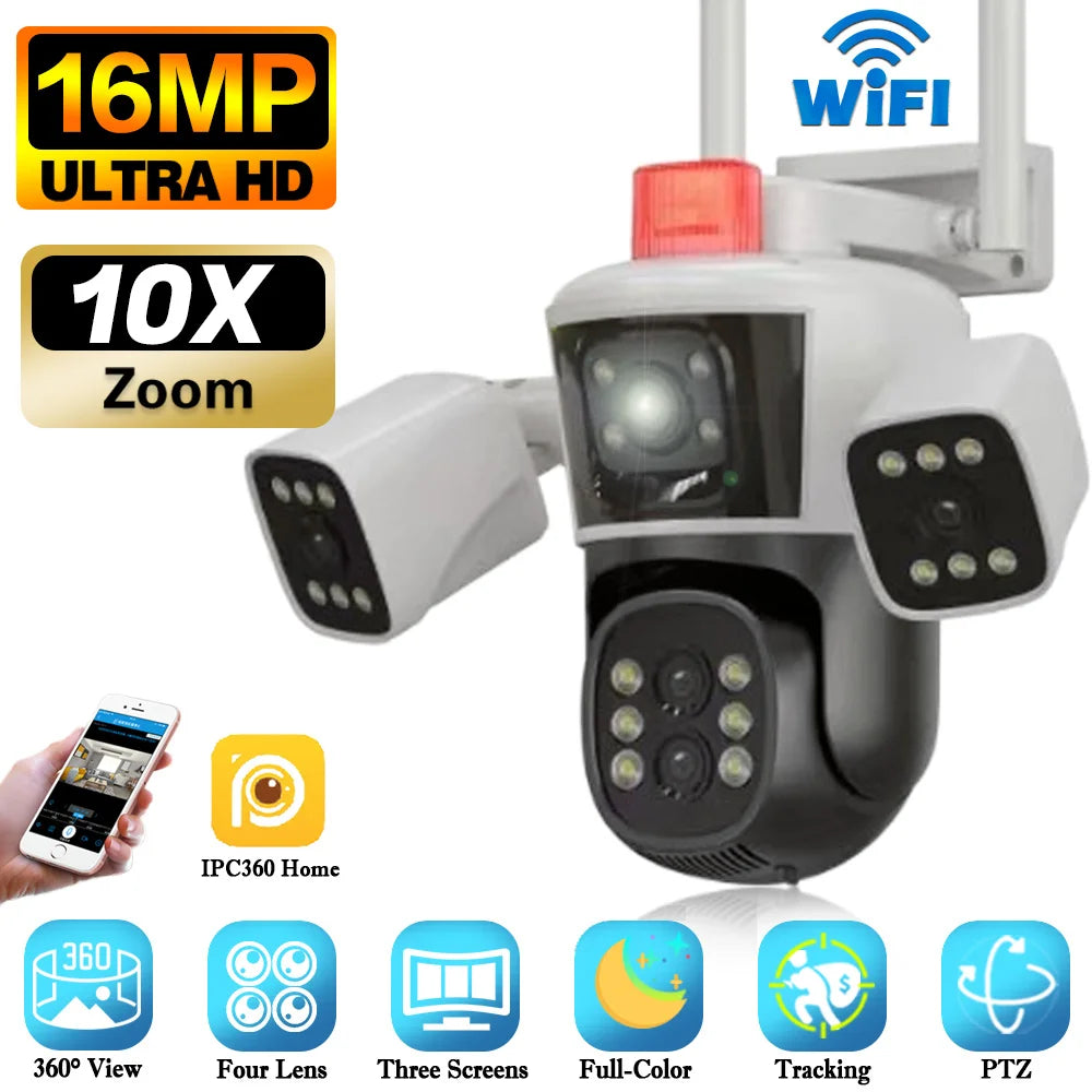 Smart Home WiFi Security Camera 16MP 8K HD Video CCTV Surveillance IP Cameras Outdoor 360° Wireless 4-Lens 3-Screen Camera