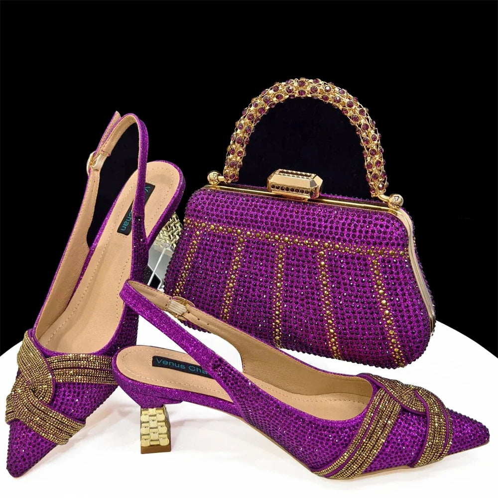 Elegant women's shoes and matching bag set with rhinestone details from EdleessFashion, showcasing luxurious design and stylish accessories.
