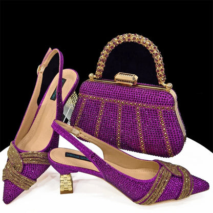 Elegant women's shoes and matching bag set with rhinestone details from EdleessFashion, showcasing luxurious design and stylish accessories.