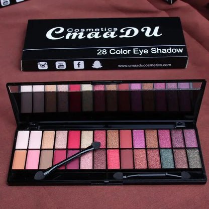 Blushimmer matte shimmer eyeshadow palette with 28 waterproof, long-lasting colors and dual-ended brush for professional makeup.