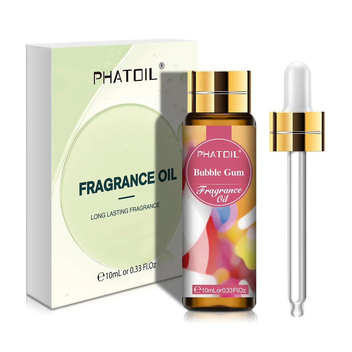 Blushimmer PHATOIL 10ml fragrance oil for women with strawberry, peach, vanilla, coconut, and bubble gum scent in a clear glass bottle