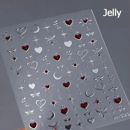 Colorful Cat's Eye 5D gradient European love heart gem nail art stickers with wing and geometric designs for manicure decoration.