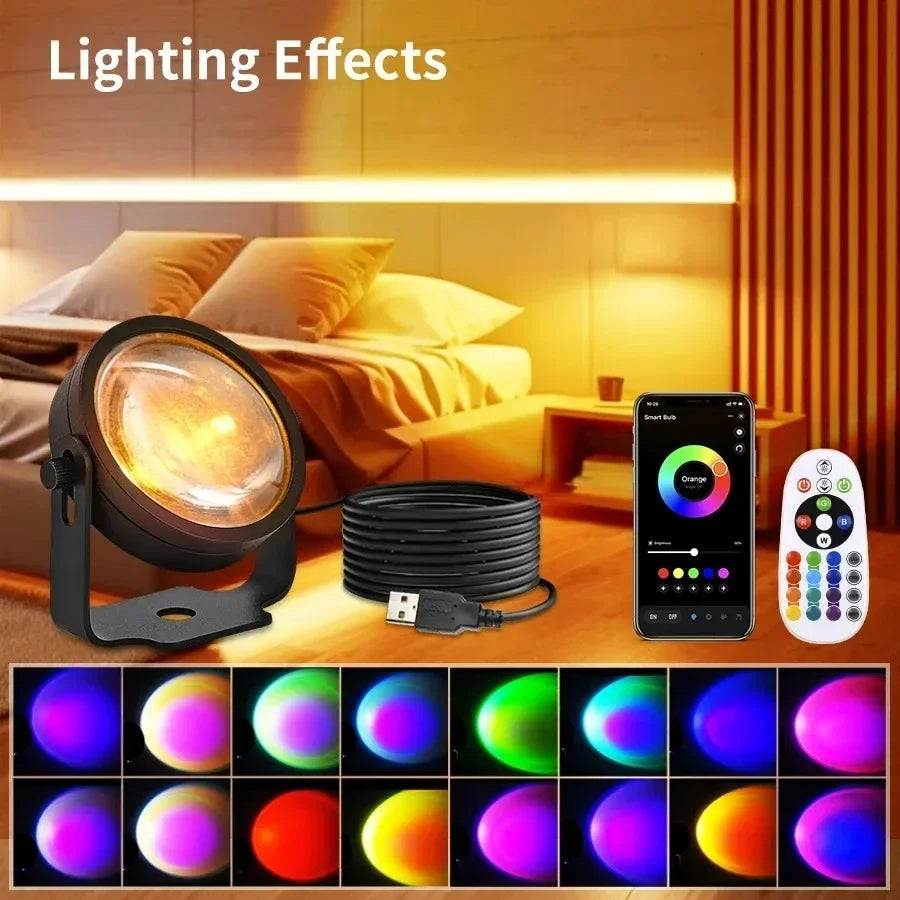 Tuya Smart Sunset Projector Lamp, RGB LED Spotlight with Smart Life App & IR Remote for Party, Photography & Night Light Decor