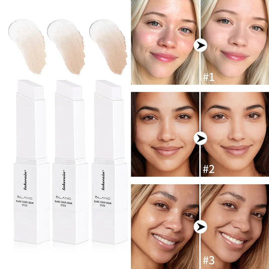 Blushimmer Blanc Cover Cream Stick foundation with detachable brush, high coverage, color-changing base makeup in a sleek stick form.