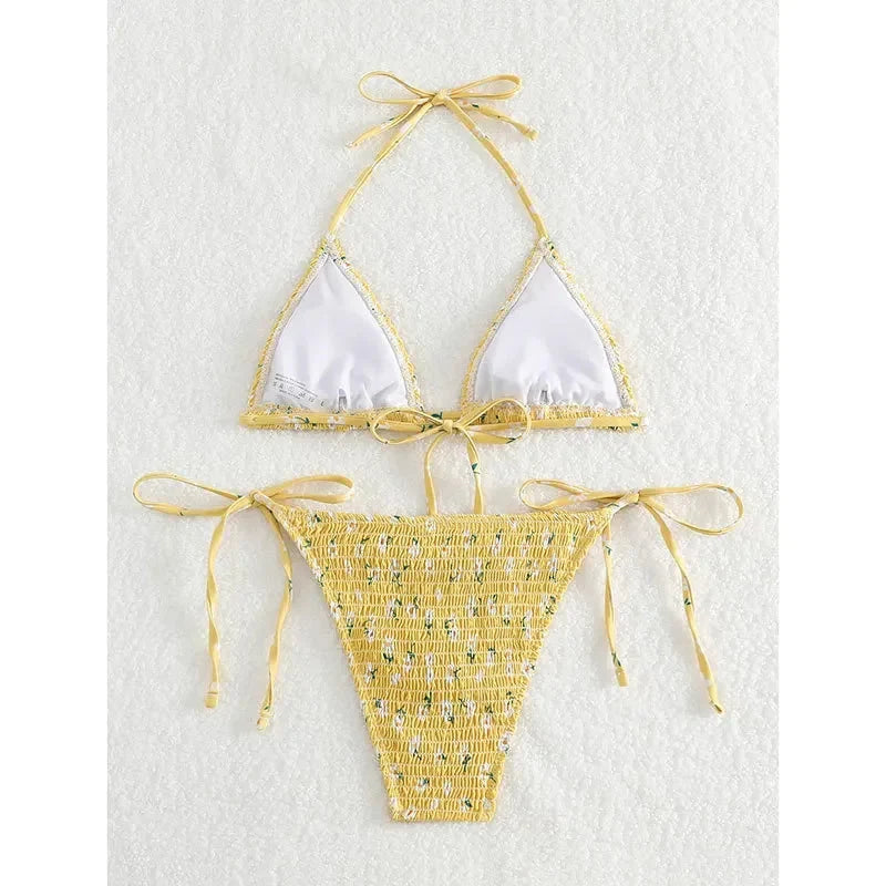 Luxlife Brands floral tie halter micro bikini set with high waist thong, wrinkled print swimwear for beach or pool.