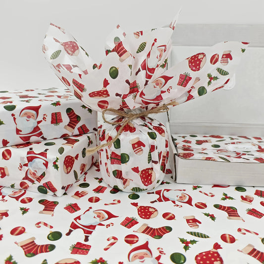 Santa and Christmas gift patterned tissue paper by BackupMyFilesNow.com, featuring holiday designs and fade-resistant quality.