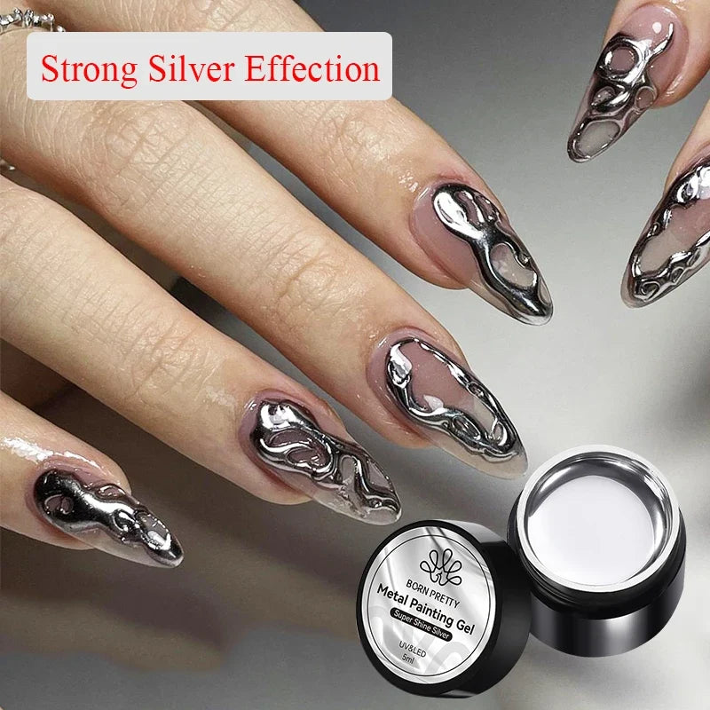 Blushimmer Born Pretty metallic 5ml silver gel polish with mirror finish, ideal for nail art and soak-off gel manicure.
