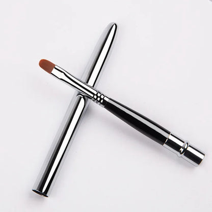 Blushimmer portable silver lip gloss brush with metal handle, protective cap, ideal for lipstick and makeup application.