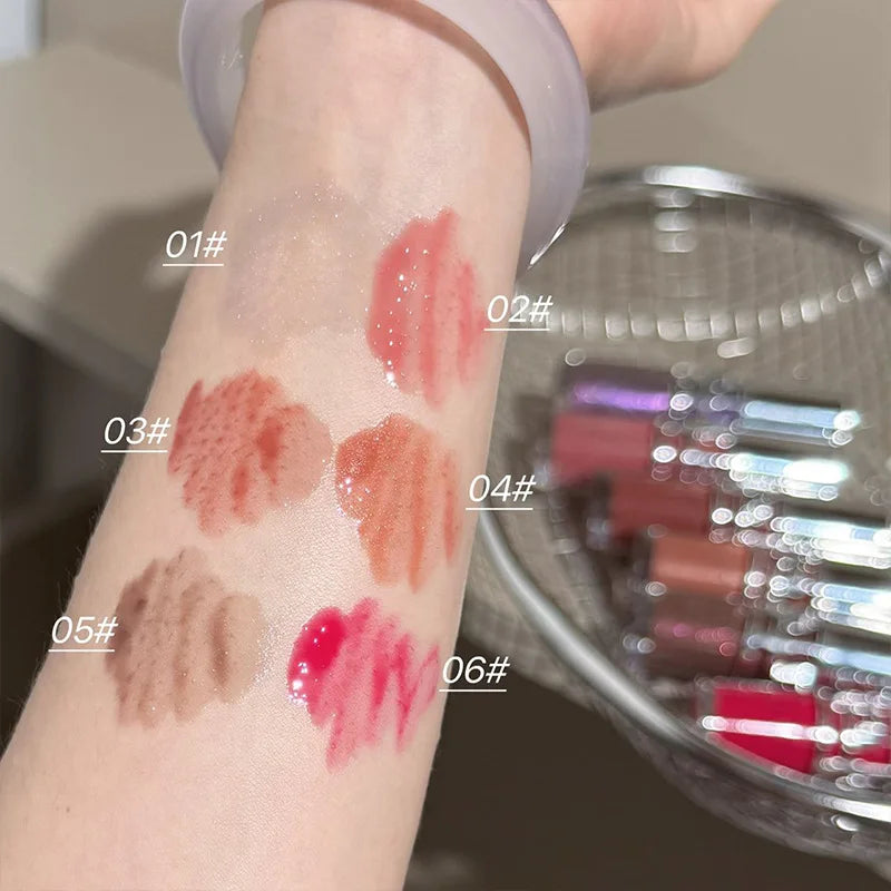 Blushimmer transparent moisturizing lip gloss with a mirror, hydrating dry lips, glossy finish, crystal-like shine, tinted plumper effect