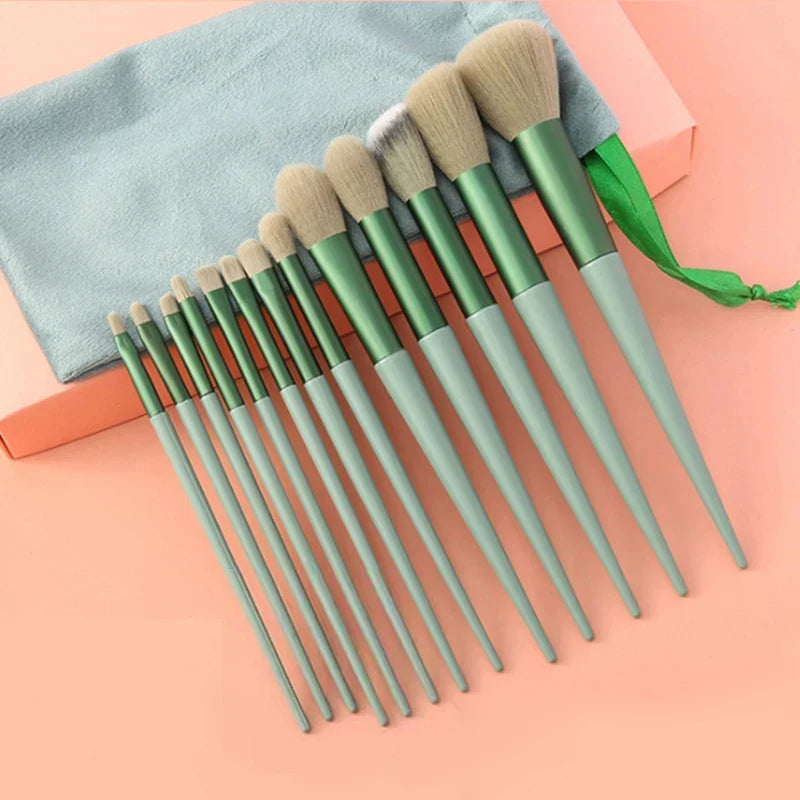 Set of 13 Blushimmer makeup brushes including eye shadow, foundation, blush, and cosmetic tools in a soft makeup bag.