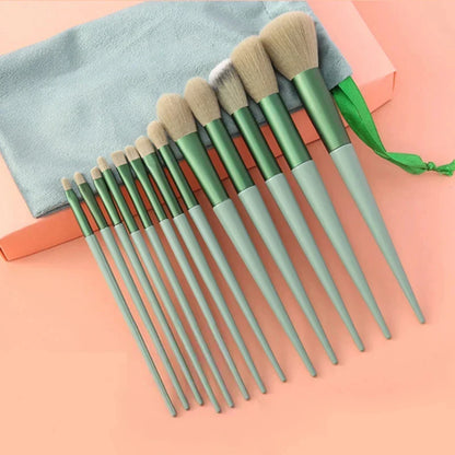 Set of 13 Blushimmer makeup brushes including eye shadow, foundation, blush, and cosmetic tools in a soft makeup bag.