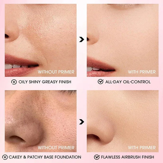 Blushimmer long-wearing silicone face primer with oil-control, smoothing, and matte finish for invisible pore coverage.