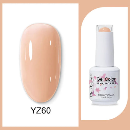 Blushimmer Clou Beaute 15ml semi-permanent gel nail polish with red, black, white, green neon colors and velvet top coat on a display.
