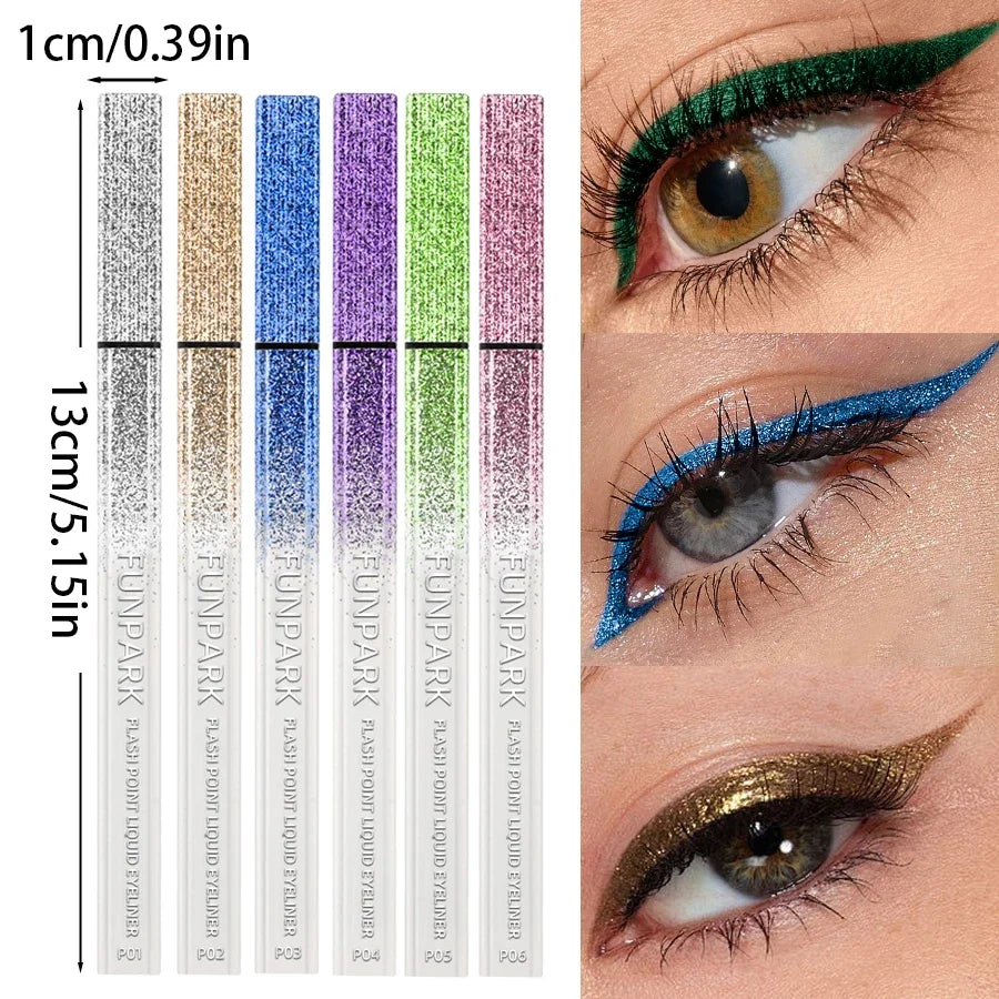 Shiny metallic liquid eyeliner by Blushimmer in waterproof pearlescent finish, 0.6ml, showing the applicator and shimmering formula.