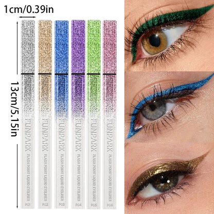 Shiny metallic liquid eyeliner by Blushimmer in waterproof pearlescent finish, 0.6ml, showing the applicator and shimmering formula.