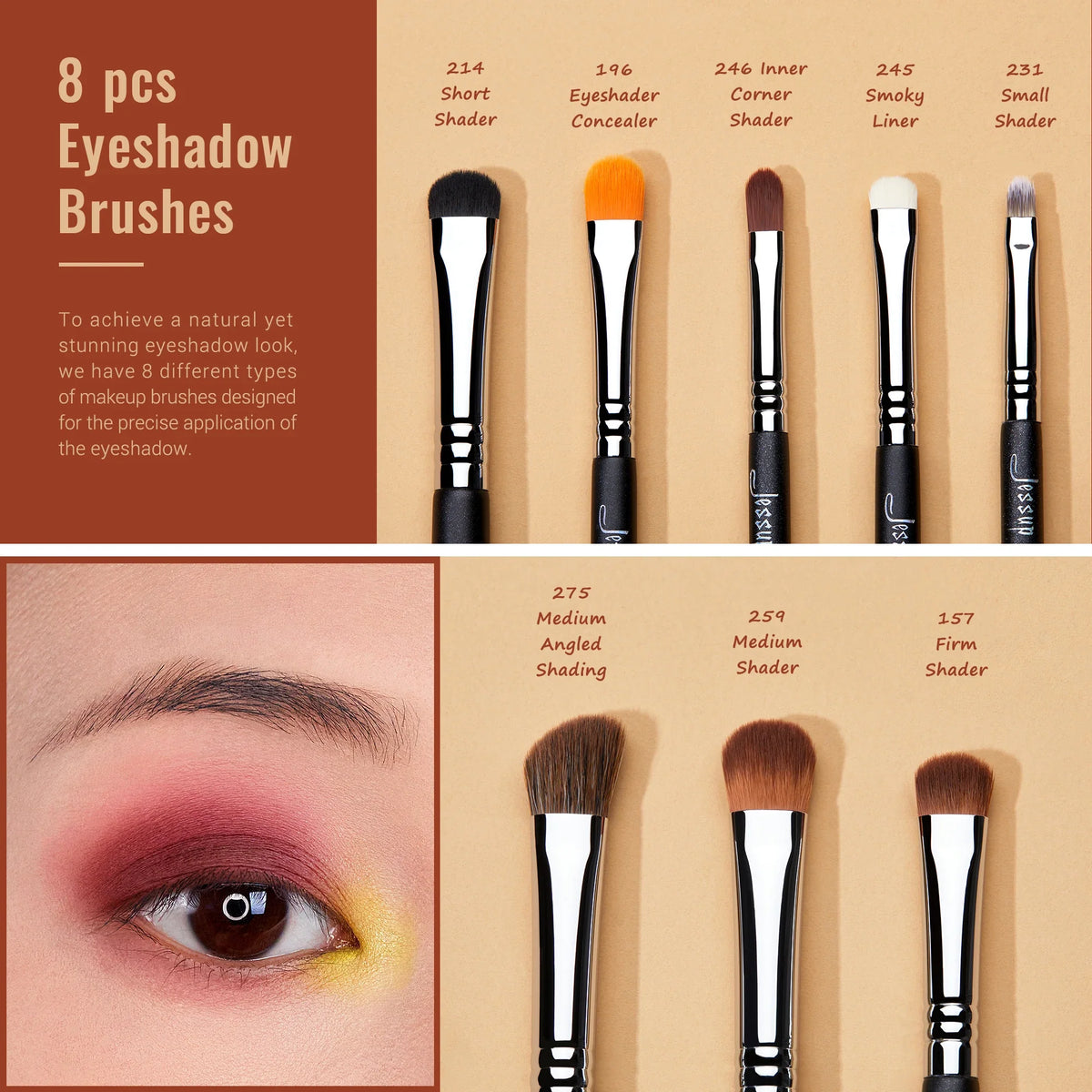 Blushimmer Jessup eye makeup brushes set with synthetic blending, eyeshadow, and eyebrow brushes for professional eye makeup application.